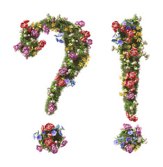 Flower Symbols Exclamation Mark and Question Sign. Vintage garden floral and plants font serif Isolated on transparent background. 3D render