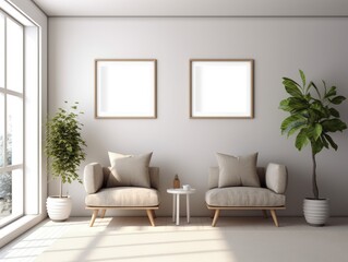 Modern home with furniture next to a window. White wall. Empty frame on the wall.