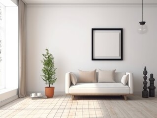Fototapeta na wymiar Modern home with furniture next to a window. White wall. Empty frame on the wall.