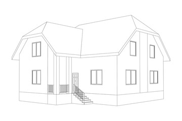 3D suburban house model. Drawing of the modern building. Cottage project on white background. Vector elevaitions blueprint.
