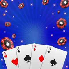 Poker tournament, cards and chips banner. Casino. Can be used as a flyer, poster or advertisement. Vector illustration on a blue background.