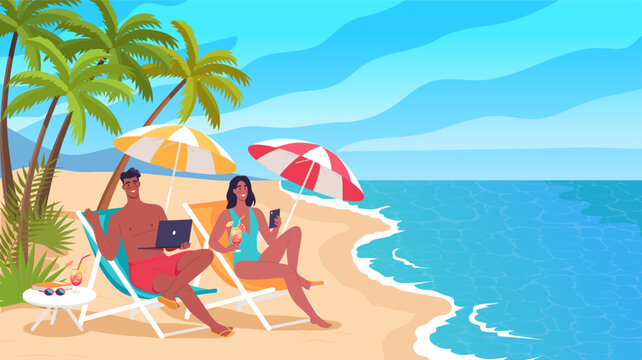 young couple woman and man freelancers work remotely from tropical island