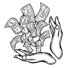 Big dollars banknotes money in your hands. Finance business, commerce, payment economy  theme for poster print, design elements. Take or give loan. Hand drawn illustration. Cartoon style drawing.