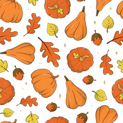 autumn and thanksgiving seamless pattern with pumpkins and leaves for wallpaper, wrapping paper, scrapbooking, textile prints, packaging, etc. EPS 10