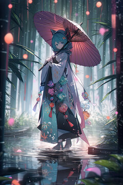 A cute anime-style virtual idol, vtuber, female digital character immortal water spirit with umbrella among koi carp by the water, AI generative