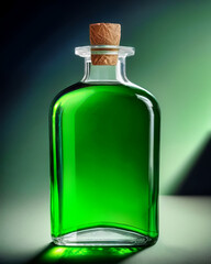 Fondo con detalle y textura de botella de cristal con formas cuadradas, liquido de color verde, corcho y fondo con degradado de luz