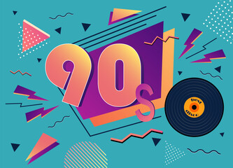 Vintage retro poster from the 90s and 80s. Gramophone record, vintage textures and graphics. Template for events in the style of pop and rock music, advertising, banner and invitation to dance parties