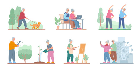 Senior people hobbies and leisure activities set. Elderly men and women walking, gardening, painting, traveling and exercising. Healthy lifestyle in retirement vector cartoon or flat illustration.