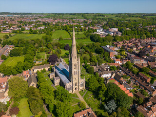 Aerial drone photo of the church in Grantham, Lincolnshire England. 