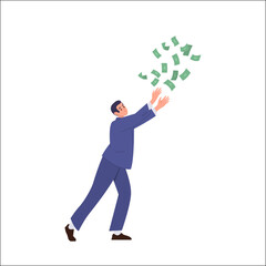 Businessman character running to catch falling money achieving financial success and profit