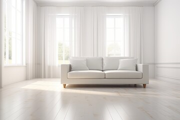 cozy living room with a white couch and natural light streaming in from a window Generative AI