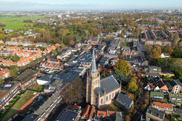 Obraz premium Aerial drone photo of the town centre of Voorschoten in Zuid-Holland, the Netherlands