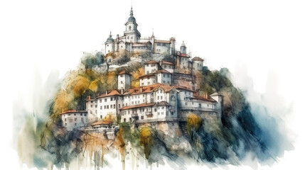 Imaginary monastery on Greek mountain, generative AI watercolor illustration