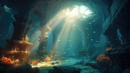 a cave in the ocean with fish swimming around Generative Ai