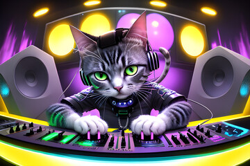 A futuristic dj cat mixing in a club. Pet djing. Animal rave party, Generative AI
