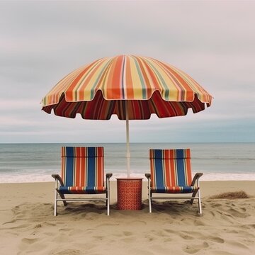 the beach chairs are sitting under a large umbrella with a striped pattern on them Generative Ai