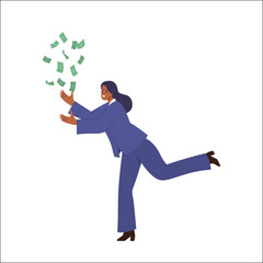 Happy successful businesswoman cartoon character wearing formal suit catching money with hands