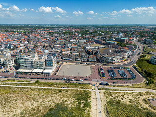 This aerial drone photo shows the boulevard and coastline of Noordwijk aan Zee in Zuid-Holland, the...