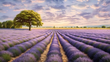 Naklejka na ściany i meble A serene lavender field stretching far, painting the countryside with shades of purple. Generative AI.