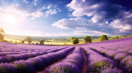 A serene lavender field stretching far, painting the countryside with shades of purple. Generative AI.