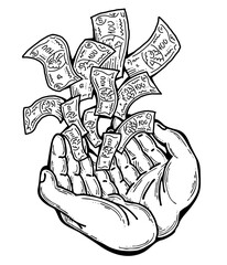 Big dollars banknotes money in your hands. Finance business, commerce, payment economy  theme for poster print, design elements. Take or give loan. Hand drawn illustration. Cartoon style drawing.