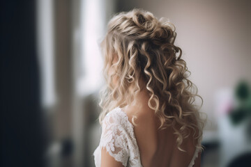 A Blonde Bride Stands With Her Back, Wedding Wavy Hairstyle for European Woman: AI Generated Image - obrazy, fototapety, plakaty
