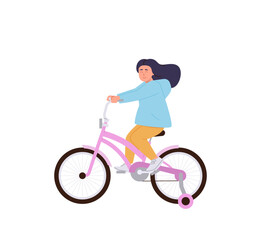 Happy girl child cartoon character in casual clothes riding bicycle isolated on white background