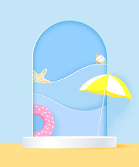 Summer background with blue wave, umbrella and starfish. Vector illustration.