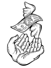 Big dollars banknotes money in your hands. Finance business, commerce, payment economy  theme for poster print, design elements. Take or give loan. Hand drawn illustration. Cartoon style drawing.