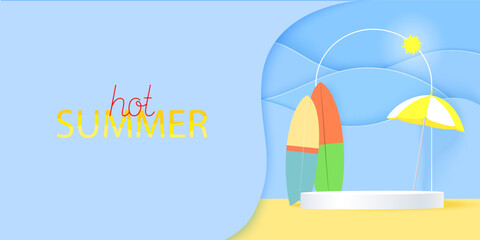 Hot Summer phrase with summer background in paper cut style. Podium with an umbrella from the sun and surfboards on the background of waves.	