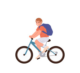Obraz na płótnie Canvas Young teenager boy cartoon character wearing backpack riding bicycle having fun trip on weekend