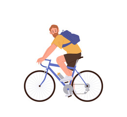 Obraz na płótnie Canvas Happy bearded sportive adult man character riding bicycle enjoying active healthy lifestyle