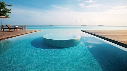 Fototapeta na wymiar maldives and large pool with chairs sitting by the sea Generative Ai