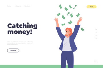 Catching money concept for online service landing page with businesswoman under falling cash
