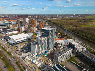 Aerial drone photo of apartment buildings being build in Leiden, the Netherlands