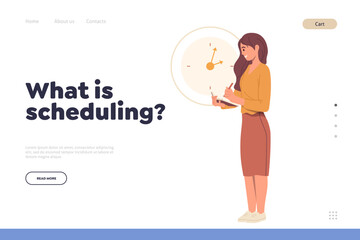 Landing page design template with what is schedule concept and happy young woman planning work day