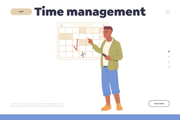 Time management landing page design template with businessman working on schedule calendar