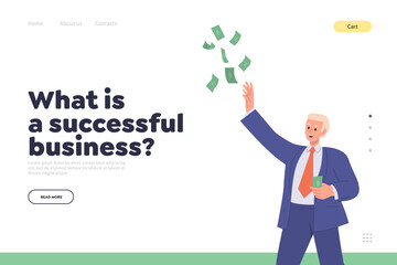 Fototapeta na wymiar What is successful business concept for landing page with happy businessman catching money cash
