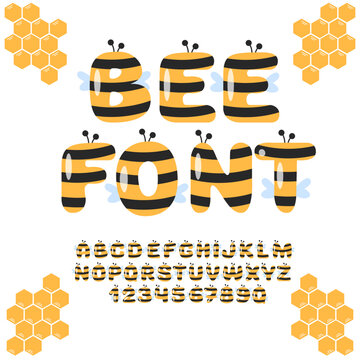 Bee Cute Font. Summer Bugs Alphabet. Kids Funny Letters and Numbers.