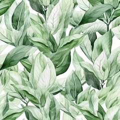 Pattern of fresh green leaves on whie background. Watercolor botanical illustration. Nature. Green colors. Design for packaging, fabric, wallpapers, posters. Seamless floral pattern. Ai Generative