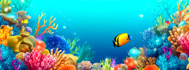 tropical aquarium, colorful underwater world with fish and plants, banner with copy space, made with Generative AI