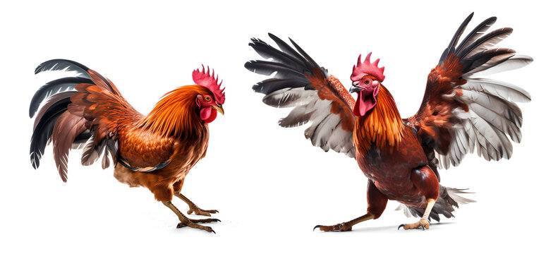 two rooster fighting in a cockfight, isolated background. Generative Ai