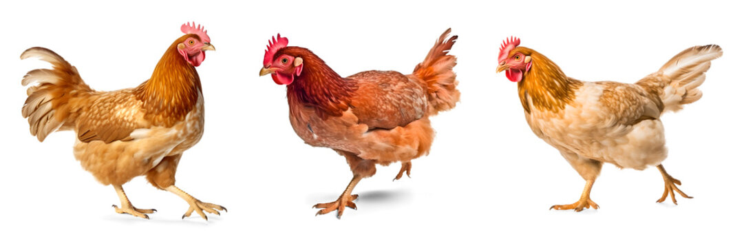 A set of images of a chickens running, isolated background. Generative Ai