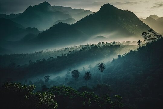 mountains in the early mist Amazing nature scenery form Kerala Gods own Country Tourism and travel concept image, fresh and serene nature picture. Generative AI