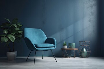 Blue studio with a creative interior design and a chair. minimal use of color. Generative AI