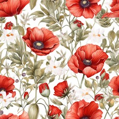 Red poppies pattern on a white background. Watercolor botanical illustration. Nature. Delicate pastel colors. Design for packaging, fabric, wallpapers, posters. Seamless floral pattern. Ai Generative