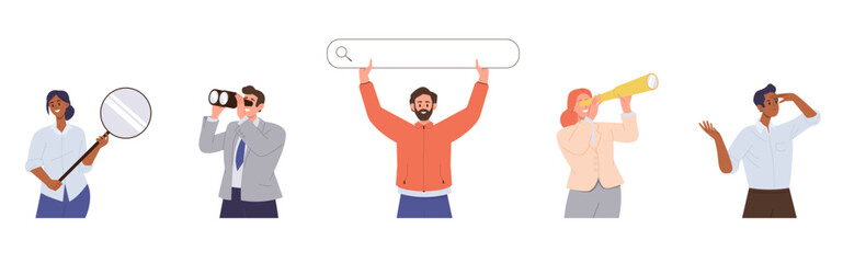 Set of diverse people character searching information using browser bar, binocular, magnifying glass