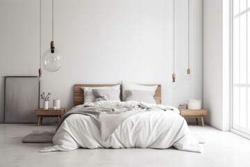 Blank white wall in a stylish and inviting bedroom. interior design mockup in a modern, minimalistic style. Copy space that is free to be used for your picture, text, or other design. Generative AI