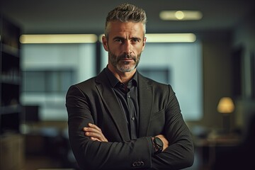 Fototapeta premium A confident businessman with crossed hands, exuding a sense of authority and composure.