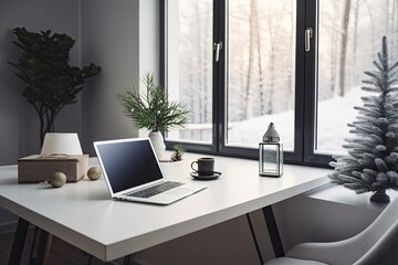 Fototapeta premium Blank laptop template with space for copy. workstation at a desk in the home office. Christmas trees are used to embellish a contemporary Nordic interior. Generative AI